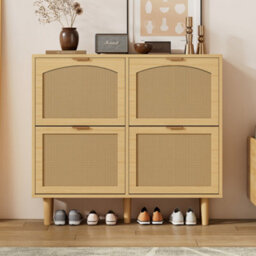 Btm Rattan Sideboard Cabinet, Kitchen Storage Cupboard With 2 Sliding Barn Doors & Adjustable Shelves, Walnut, 100X37X90Cm