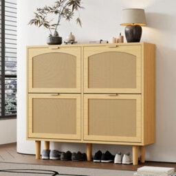 Btm Rattan Sideboard Cabinet, Kitchen Storage Cupboard With 2 Sliding Barn Doors & Adjustable Shelves, Walnut, 100X37X90Cm - thumbnail 6
