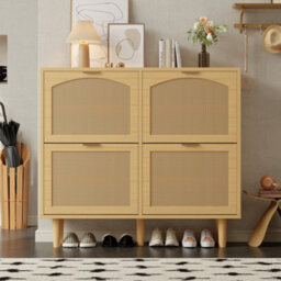 Btm Rattan Sideboard Cabinet, Kitchen Storage Cupboard With 2 Sliding Barn Doors & Adjustable Shelves, Walnut, 100X37X90Cm - thumbnail 5