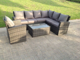 Fimous High Back Rattan Corner Sofa Set Oblong Coffee Table Outdoor Furniture Dark Grey With Chair - thumbnail 1