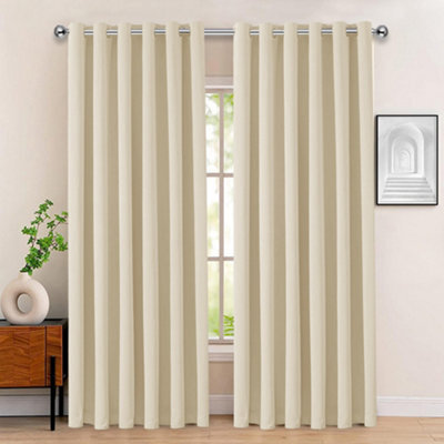 Bedlooms Blackout Curtain Thermal Insulated Eyelet Ready Made Ring Top Cream Curtain (Pair) 66 X 90 Inches With Tie Backs - image 1