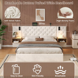 Abrihome Velvet King Upholstered Bed - Hydraulic Storage, Charging Station, Tufted Headboard & Reading Light, Beige - thumbnail 6