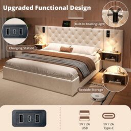 Abrihome Velvet King Upholstered Bed - Hydraulic Storage, Charging Station, Tufted Headboard & Reading Light, Beige - thumbnail 5