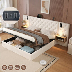 Abrihome Velvet King Upholstered Bed - Hydraulic Storage, Charging Station, Tufted Headboard & Reading Light, Beige - thumbnail 4
