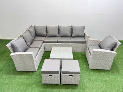 Fimous Outdoor Rattan Garden Furniture Set 9 Seater Corner Sofa Sets With Square Coffee Table Chair 2 Small Footstools Light Grey - image 1