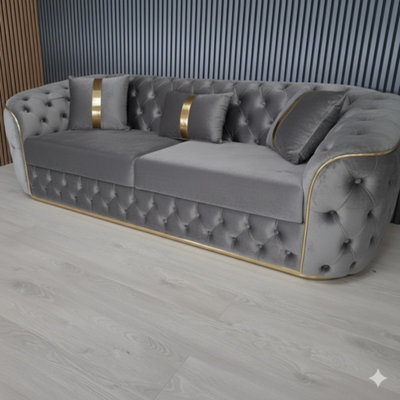 Stratus Interiors Ambassador 3-Seater Grey Sofa Gold Trim Plush Velvet Frill Design - image 1