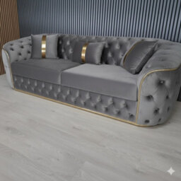 Stratus Interiors Ambassador 3-Seater Grey Sofa Gold Trim Plush Velvet Frill Design - thumbnail 1