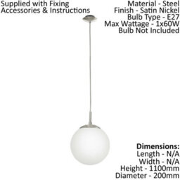 Satin Nickel Pendant Ceiling Light With White Opal Glass Shade - E27 Bulb Compatible - thumbnail 2