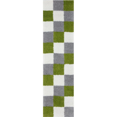 The Rugs Green Grey And Ivory Soft Checkerboard Design Fluffy Shaggy Rugs And Runners High Pile Living Room Kitchen Hallway 381 - image 1