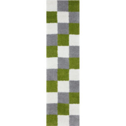 The Rugs Green Grey And Ivory Soft Checkerboard Design Fluffy Shaggy Rugs And Runners High Pile Living Room Kitchen Hallway 381 - thumbnail 1