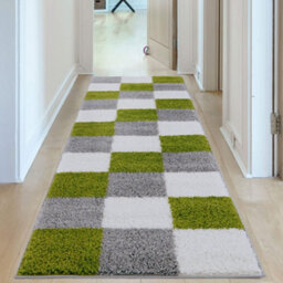 The Rugs Green Grey And Ivory Soft Checkerboard Design Fluffy Shaggy Rugs And Runners High Pile Living Room Kitchen Hallway 381 - thumbnail 2
