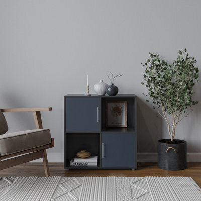 Urbn-Living Urbnliving 61Cm Height 4 Cube Bookcase Black Wood Grey Door Metal Handle Display Storage Shelf - image 1
