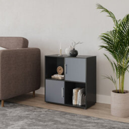 Urbn-Living Urbnliving 61Cm Height 4 Cube Bookcase Black Wood Grey Door Metal Handle Display Storage Shelf - thumbnail 2