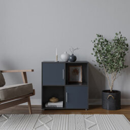 Urbn-Living Urbnliving 61Cm Height 4 Cube Bookcase Black Wood Grey Door Metal Handle Display Storage Shelf