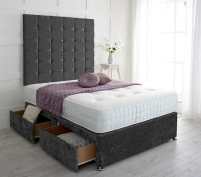 "Adore Designs Cubed Crushed Velvet Divan Bed, With Pocket Mattress & 36"" Headboard - 4Ft Small Double - Black - 2 Drawers Foot End"