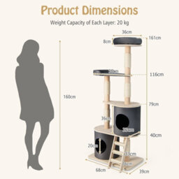 Costway 161Cm Wooden Multi-Level Cat Tree Climbing Tower Sisal Covered Scratch Post - thumbnail 3