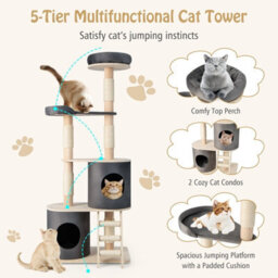 Costway 161Cm Wooden Multi-Level Cat Tree Climbing Tower Sisal Covered Scratch Post - thumbnail 8