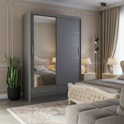 Florence 150Cm Wardrobe Storage Cabinet With Hanging Rail And Shelves Modern Furniture Gray With Mirror - thumbnail 2