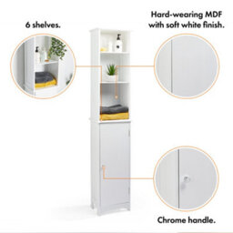 Vonhaus Tall Bathroom Cabinet, White Freestanding Storage Tallboy Unit With 6 Shelves & Shaker Tongue & Groove Design, Holbrook - thumbnail 4