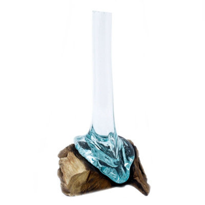 Handmade Molten Glass Vase With Wooden Base Decorative Home Accent - image 1