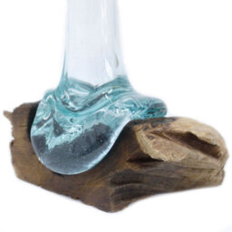 Handmade Molten Glass Vase With Wooden Base Decorative Home Accent - thumbnail 4