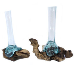 Handmade Molten Glass Vase With Wooden Base Decorative Home Accent - thumbnail 2