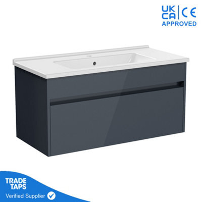 Vitra 1000mm Wall Hung Bathroom Vanity Unit With 1 Drawer & Basin - Anthracite Gloss