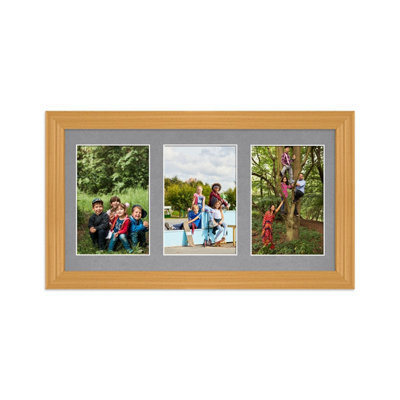 AK Frames 40X20Cm Country Pine Classic Multi Photo Frame With Mid Grey Mount - Holds 3 Apertures (3X) 6X4 Photos - image 1
