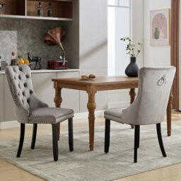 Btm Set Of 2 Modern Velvet Dining Chairs Button Tufted Solid Wood Legs Knocker Ring For Dining Or Living Room Grey
