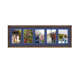 AK Frames 26X8 Walnut Classic Multi Photo Frame With Blue Mount - Holds 5 Apertures (5X) 6X4 Photos