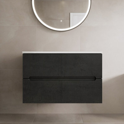 Affine 800mm Bathroom Vanity Unit White Marble Countertop Wall Hung Black Fluted Unit - image 1