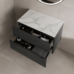 Affine 800mm Bathroom Vanity Unit White Marble Countertop Wall Hung Black Fluted Unit - thumbnail 3