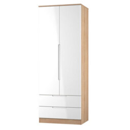 Messina Ready Assembled Modern White & Oak 2 Drawer Tall Double Wardrobe (H)1970mm (W)770mm (D)530mm