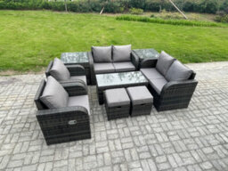 Fimous 9 Piece Rattan Garden Furniture Set Outdoor Patio Sofa, Table And Chairs Coffee Table 2 Small Footstools - thumbnail 1