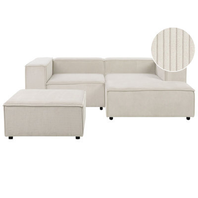 Beliani Modular Corner Sofa 3 Seater Ardal Corduroy Off-White With Ottoman Left Hand - image 1