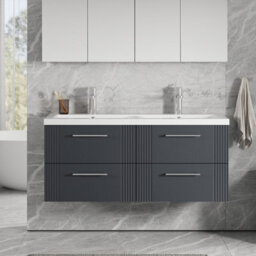 Balterley Belvide Partial Fluted 4 Drawer Wall Hung Vanity Unit With Double Ceramic Basin - 1200mm - Satin Dark Grey - thumbnail 2