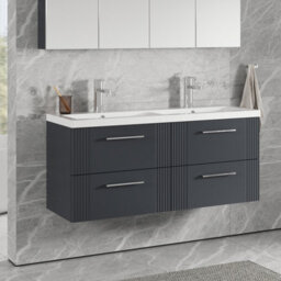 Balterley Belvide Partial Fluted 4 Drawer Wall Hung Vanity Unit With Double Ceramic Basin - 1200mm - Satin Dark Grey - thumbnail 4