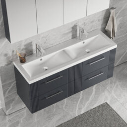 Balterley Belvide Partial Fluted 4 Drawer Wall Hung Vanity Unit With Double Ceramic Basin - 1200mm - Satin Dark Grey - thumbnail 5