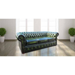 Chesterfield 3 Seater Antique Green Leather Sofa In Classic Style
