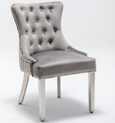 Modernique A Pair Grey Velet Nicole Back Tuffted Lion Knocker Back Dining Chairs With Solid Chrome Legs - image 1