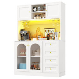 Btm Farmhouse Sideboard 120X40X188Cm, 4 Doors, Fluted Glass, Led And Drink Holders,white - thumbnail 8