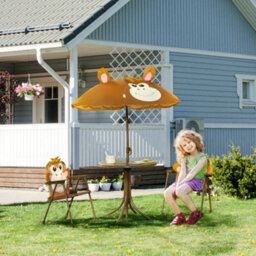 Outsunny Kids Foldable Four-Piece Garden Set W/ Table, Chairs, Umbrella - Brown - thumbnail 1