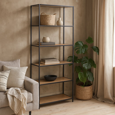 Wyld Haus El Paso Tall Black Metal Bookcase With 5 Wild Oak-Effect Shelves - image 1