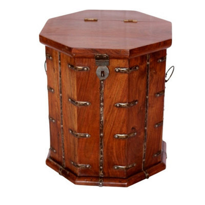 Minster 45Cm Octagonal Rustic Wooden Trunk Chest - L40 X W40 X H45 Cm