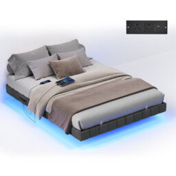 Vasagle Double Floating Bed Frame With Led Lighting, Upholstered Sides, Charging Ports, Metal Platform Bed, Grey - thumbnail 2