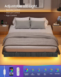 Vasagle Double Floating Bed Frame With Led Lighting, Upholstered Sides, Charging Ports, Metal Platform Bed, Grey - thumbnail 4