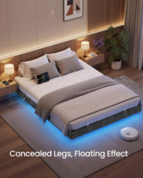 Vasagle Double Floating Bed Frame With Led Lighting, Upholstered Sides, Charging Ports, Metal Platform Bed, Grey