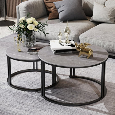 Fativo 70Cmw Coffee Table Set Of 2 Nesting Accent Tables Grey Sintered Stone Marble Top Stacking Side Desk - image 1