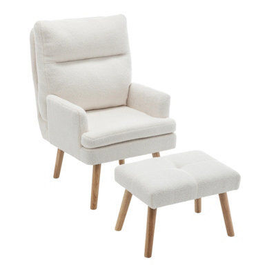 Living And Home White Sherpa Upholstered Lounge Chair With Footstool - image 1