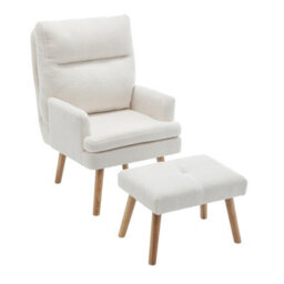 Living And Home White Sherpa Upholstered Lounge Chair With Footstool - thumbnail 1